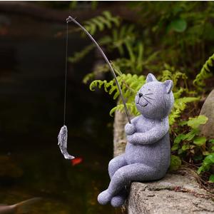 Goodeco Fishing Cat Garden Statue  10" Little Cat Fisher for Garden Pond Decor, Poolside Statue with Glow in Dark Pebbles Included,Great Gifts for Mom, Women & Birthdays (Cat)