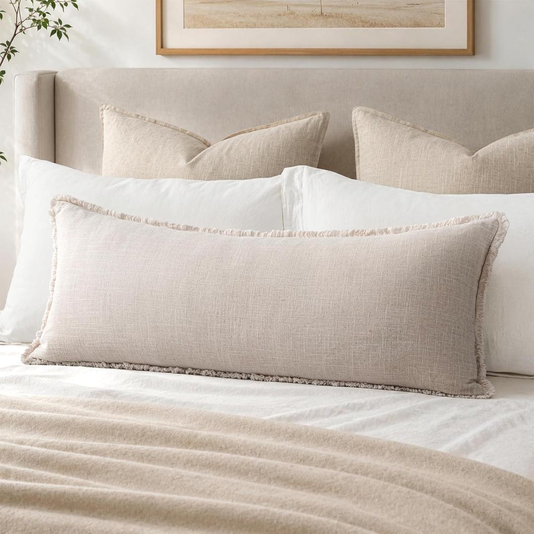 MIULEE 14x36 Long Linen Fringe Lumbar Pillow Covers Set of 1 Natural Beige