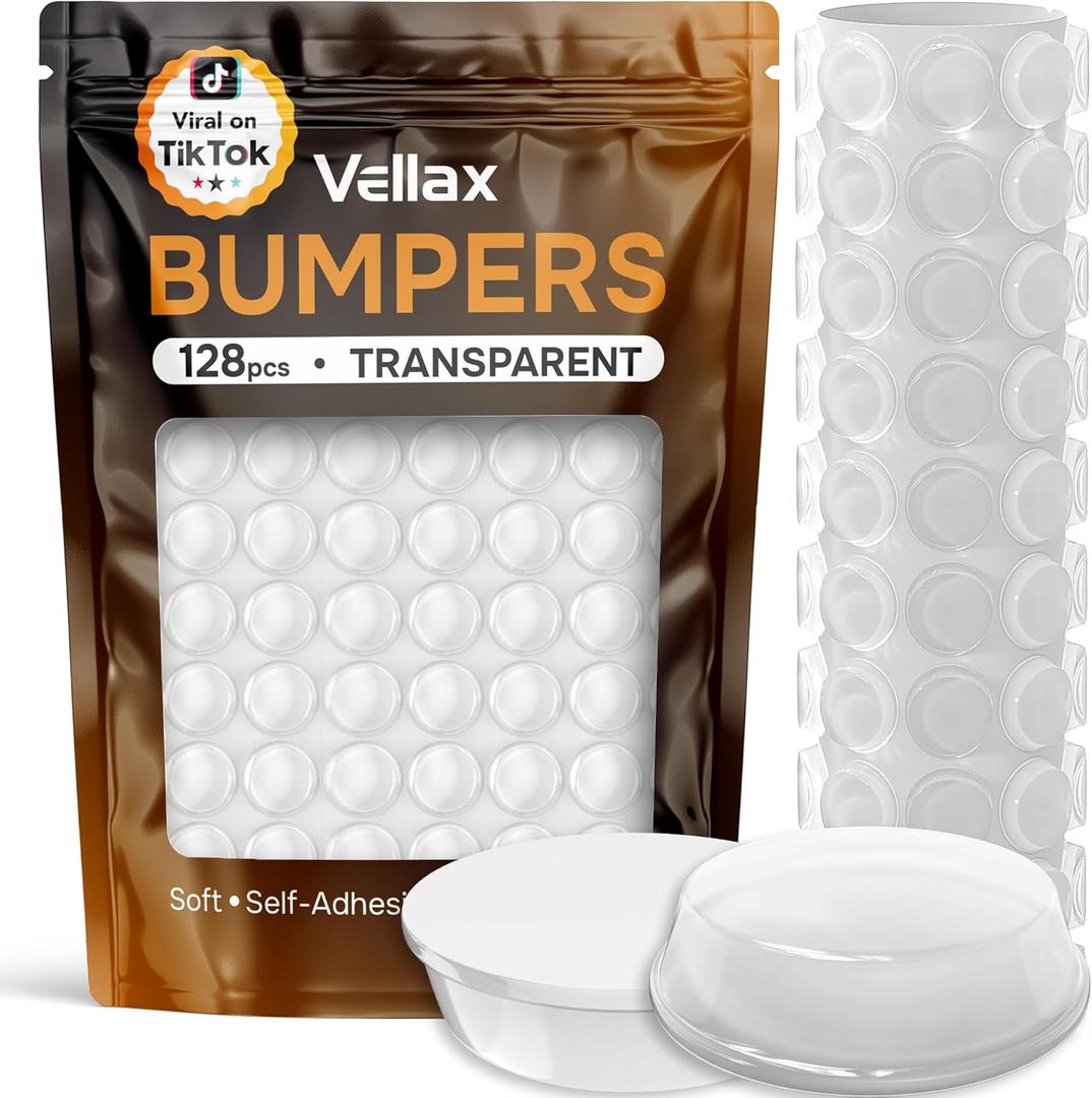 Vellax Cabinet Door Bumpers 128 Pcs - 1/2 Diameter Clear Self Adhesive Pads, Cabinet Stoppers, Rubber Bumpers for Drawers, Cupboards, Cutting Boards, Glass Tops, Picture Frames, Kitchen Furniture (128 pcs - 0.5" x 0.14")