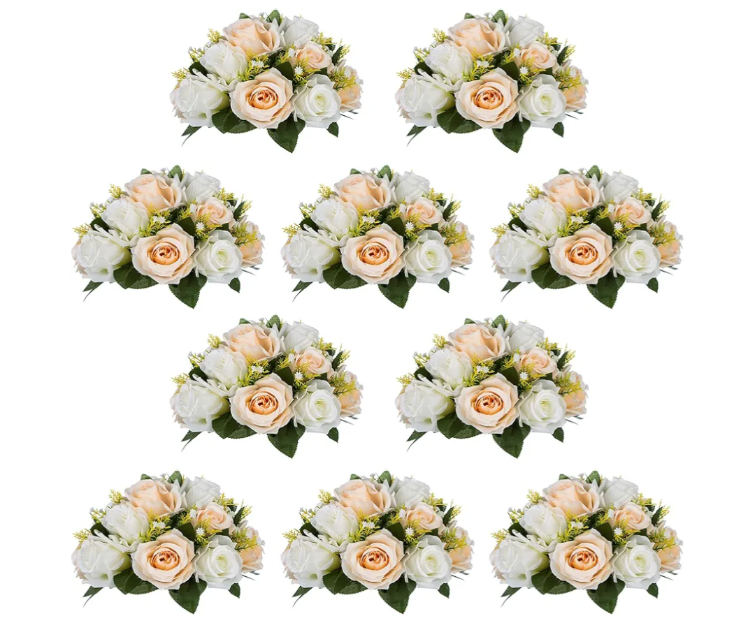 NUPTIO Artificial Flower Centerpieces for Tables: 10 Pcs Peachy Champagne & White Flower Ball Arrangement for Wedding Party  9.5 Inch Diameter Floral Rose for Bridal Shower Decor