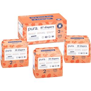 Pura Hypoallergenic Diapers, Size 2 (713 lbs) Totally Chlorine Free, Wetness Indicator, Suitable for Sensitive Skin, Soft Organic Cotton, Overnight, 3 Packs of 29 (87 Baby Diapers)