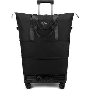 Expandable Rolling Travel Bag with Removable Wheels & Handle, Large Capacity Wheeled Duffle Tote, Foldable Carry On Luggage for Women, Lightweight Weekender Overnight Bag (Black)