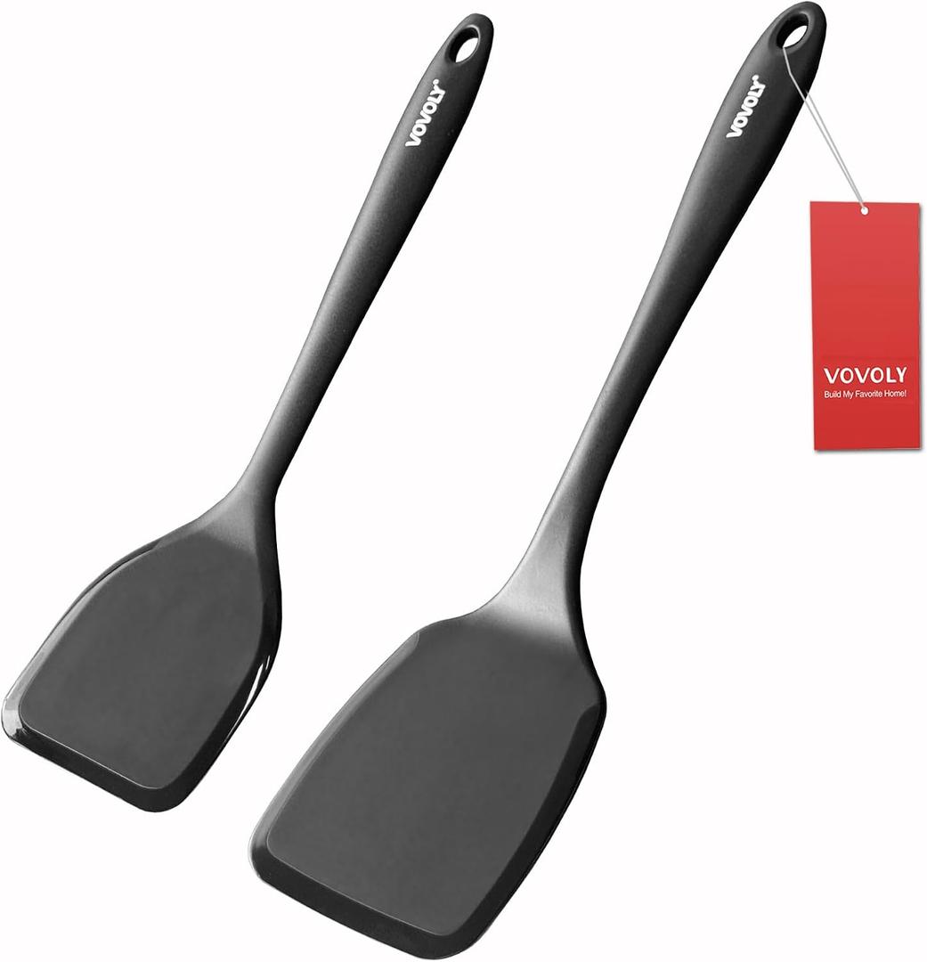 Silicone Spatula Set, 600F Heat Resistant Silicone Spatula Turner Flipper for Cooking, Non Stick and Non Scratch Kitchen Utensils for Eggs, Burgers, Crepes, 2-Pack Solid Spatulas Set, Black