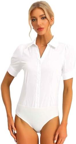 Allegra K Women's Button Down Leotard Shirt Short Sleeve Collared Business Work Bodysuit Tops S
