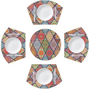 Wedge Placemats Set of 4 Colorful Mandala Geometric 4 Wedge Table mats and 1 Round Place mat Heat Resistant Non-Slip Washable Dining Table for Kitchen Outdoor Indoor Decor Cloth Placemat Boho Flower (A03:ethnic Boho)