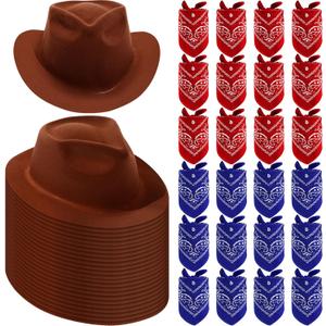 Hillban 48 Pack Cowboy Hat and Bandana Set, Cowgirl Hats for Boys Girls Felt Cowboy Party Hat Western Bandanas for Party (Brown, Red, Navy Blue)