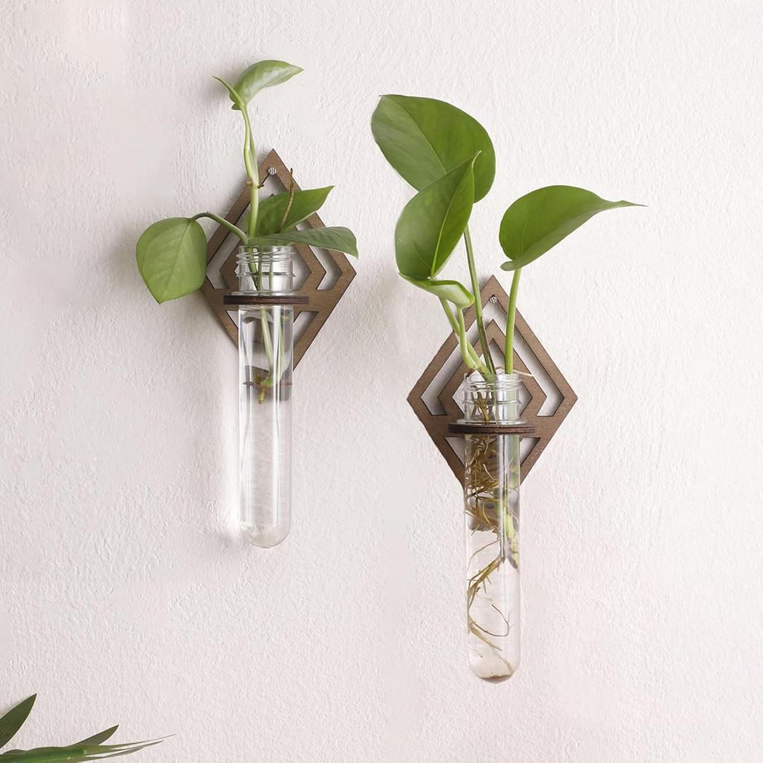 2 Pack Plant Propagation Station Wall Hanging Wooden Diamond Shaped Plant Terrarium for Hydroponics Home Office Decor Test Tube Propagate Air Plant Cutting Holder