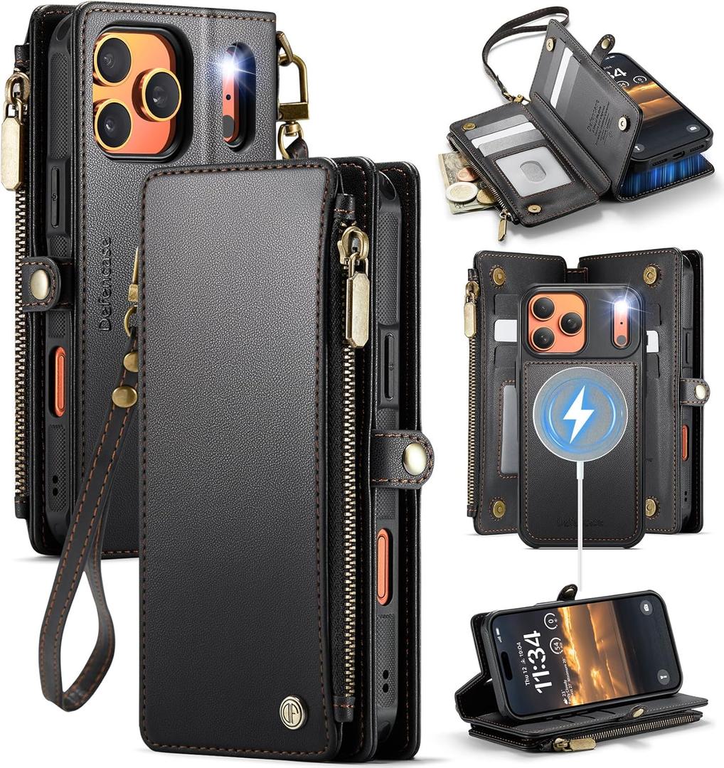 Defencase for iPhone 17 Pro Max Magnetic Wallet Case Compatible with Magsafe with RFID Blocking Zipper & Card Holder for Women Men PU Leather Strap Detachable Case for iPhone 17 Pro Max 6.9", Black