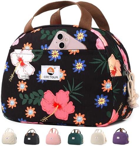 CaCTOUR Lunch Box for Women Girls Teens,Cute Lunch Box Cooler Bag, Portable Insulated Small Lunch Bag Women Reusable Corduroy Lunch Tote for Work/Travel/Picnic/School (Flower)