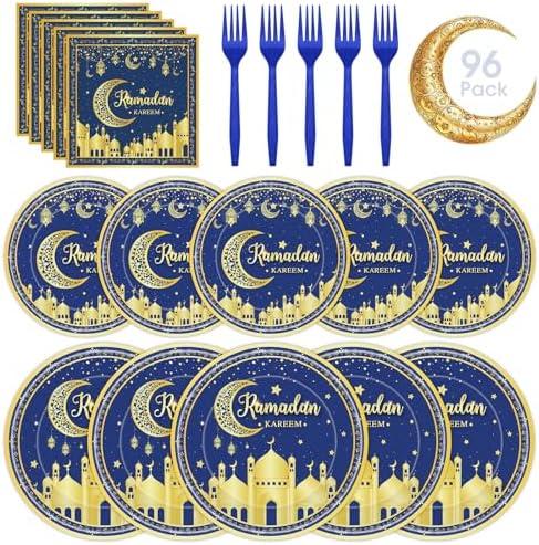 96 Pcs Ramadan Plates and Napkins Forks Sets - Blue Gold Eid Mubarak Themed Round Tableware, Disposable KAREEM Paper Plates Napkins Kit for Ramadan Party Supplies Favors Table Decorations, Serves 24