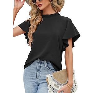 Aifer Womens Summer Ruffle Short Sleeve Dressy Casual Blouses Mock Neck Tops Elegant Work Shirts Size Medium