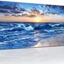 Sea Waves Canvas Prints Wall Art Ocean Beach Sunset Picture Paintings for Living Room Bedroom Home Decorations Modern Stretched and Framed Seascape Nature Blue Giclee Artwork