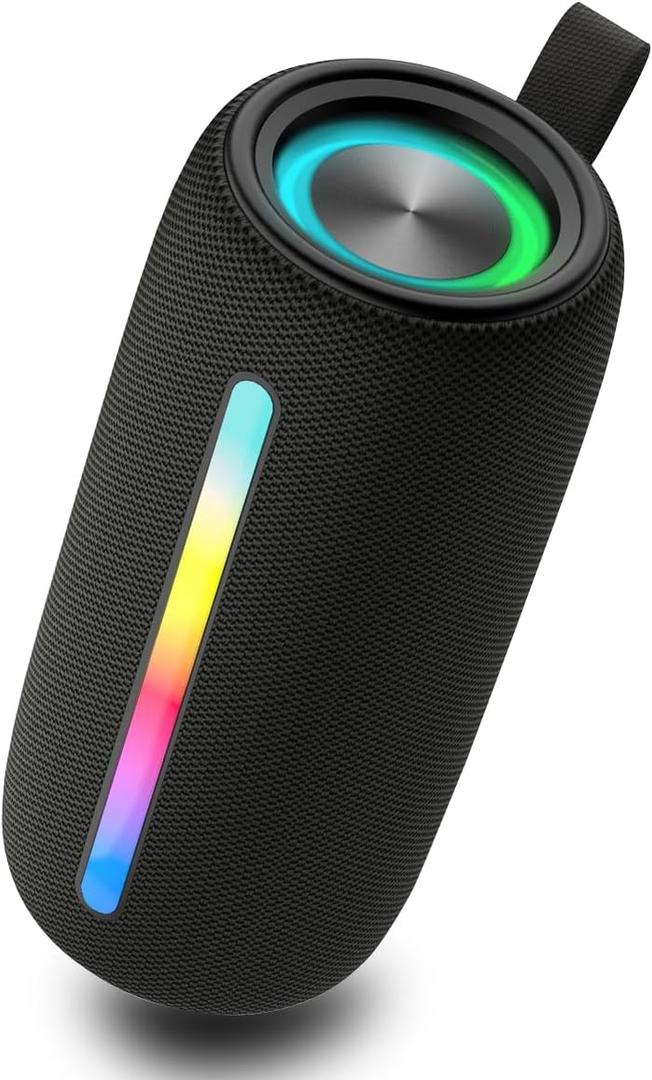 Wireless Portable Bluetooth Speaker: IPX6 Waterproof Outdoor Audio, fm Radio, USB/AUX/SD Card Play, LED lights, TWS interconnected Stereo, Travel/Camping/Bike/Family/Part (Black)