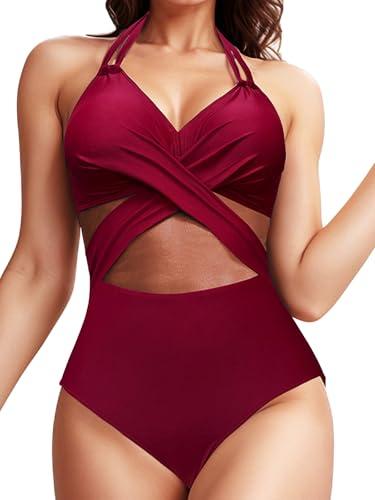 Women's One Piece Swimsuits Halter Cutout Mesh Swimwear High Waisted Tummy Control Wrap Tie Bathing Suit US, Alpha, Large, Regular Wine Red)