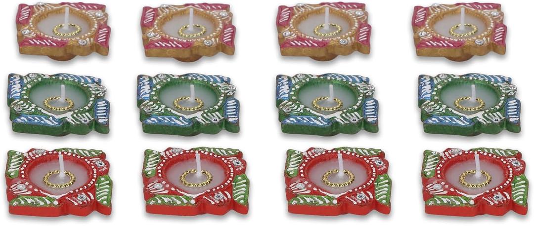 12 Pc Multicolor Handmade Terracotta Swastik Wax Filled Diya Set | Decorative Oil Lamps for Diwali Pooja | Unique Indian Gift Item | Perfect for Thanksgiving Celebrations