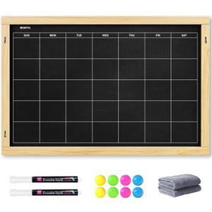 2-in-1 Double-Sided Magnetic Chalkboard 24"x16", Chalk Calendar Board & Large Blackboard for Kitchen & Home Decor, Schedule, Menu, Back-to-School Gift - Hanging Chalk Board with 2 Liquid Pens, Wood