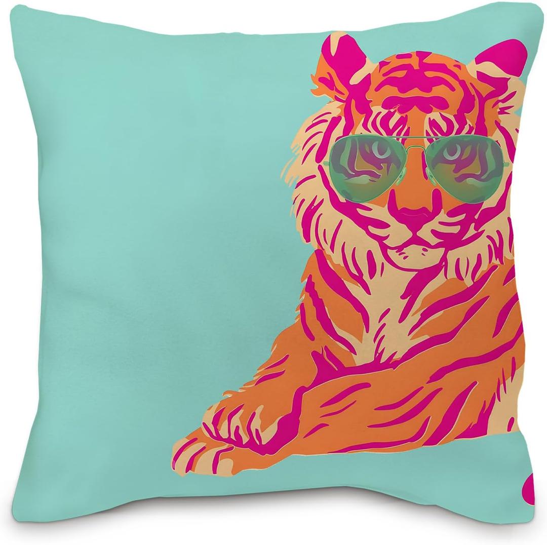 Pink Tiger Pillow Covers 20x20 - Colorful Pink and Orange Throw Pillow Covers, Retro Funky Preppy Tiger Room Decor for Teen Girls (Teal)