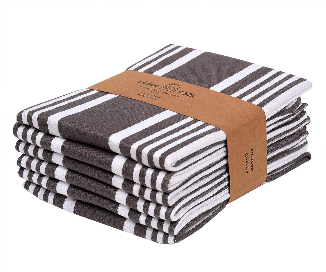 Urban Villa Kitchen Towels 100% Cotton Pack of 6, Highly Absorbent Quick Drying Super Soft Premium Dish Towel for kitchen with Hanging Loop Hand & Tea Towels - 20x30 Inch, (Dove Grey & White, Striped)