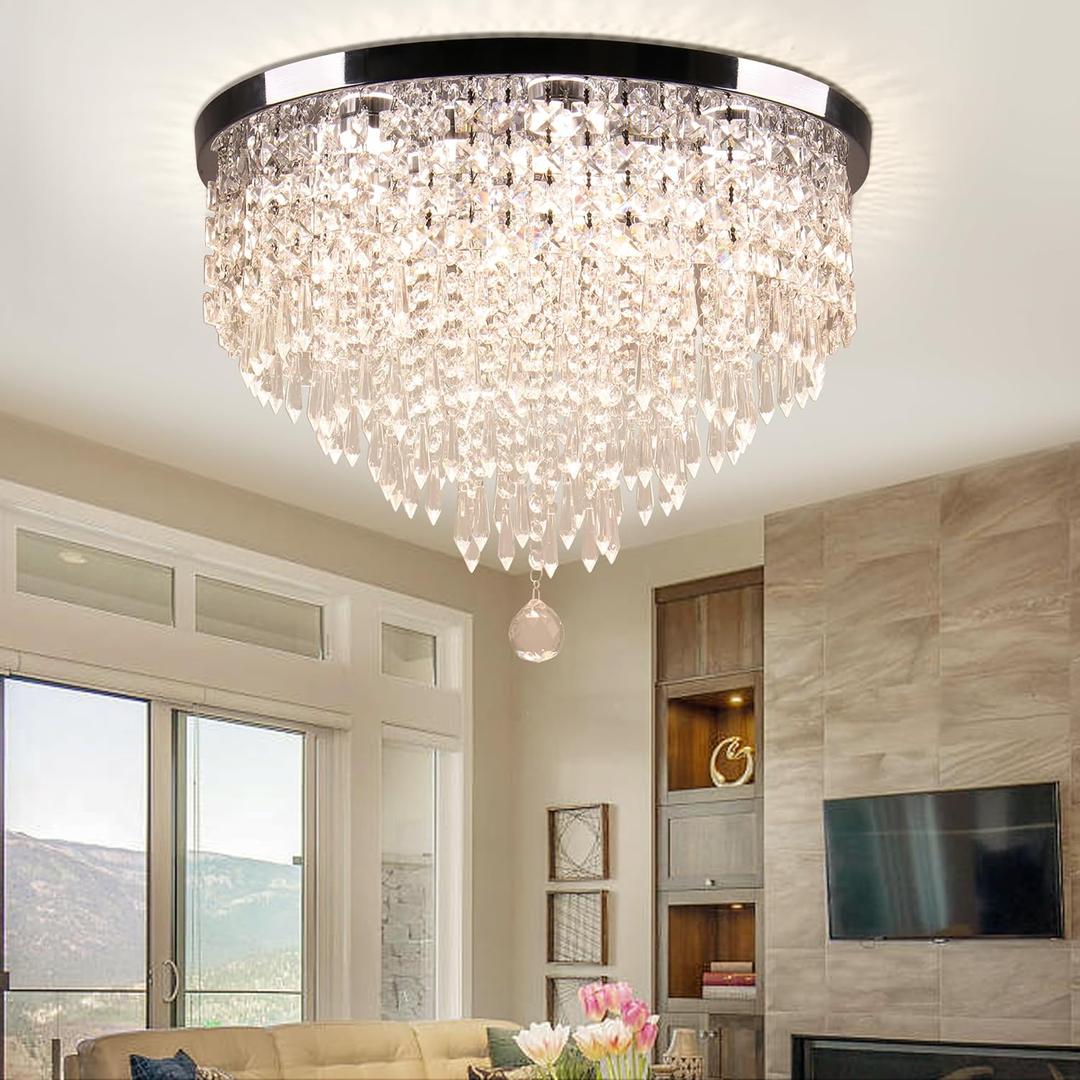 19.7" Crystal Ceiling Light Flush Mount Chandelier,Modern Crystal Chandeliers for Dining Room Bedroom Living Room Foyer,2700K/4000K/6500K Colors Change (Multicolor)