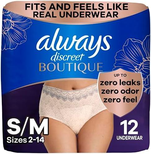Always Discreet Boutique Incontinence and Postpartum Underwear for Women, Maximum Protection, Small/Medium, Rosy, 12 Count Pack of 4