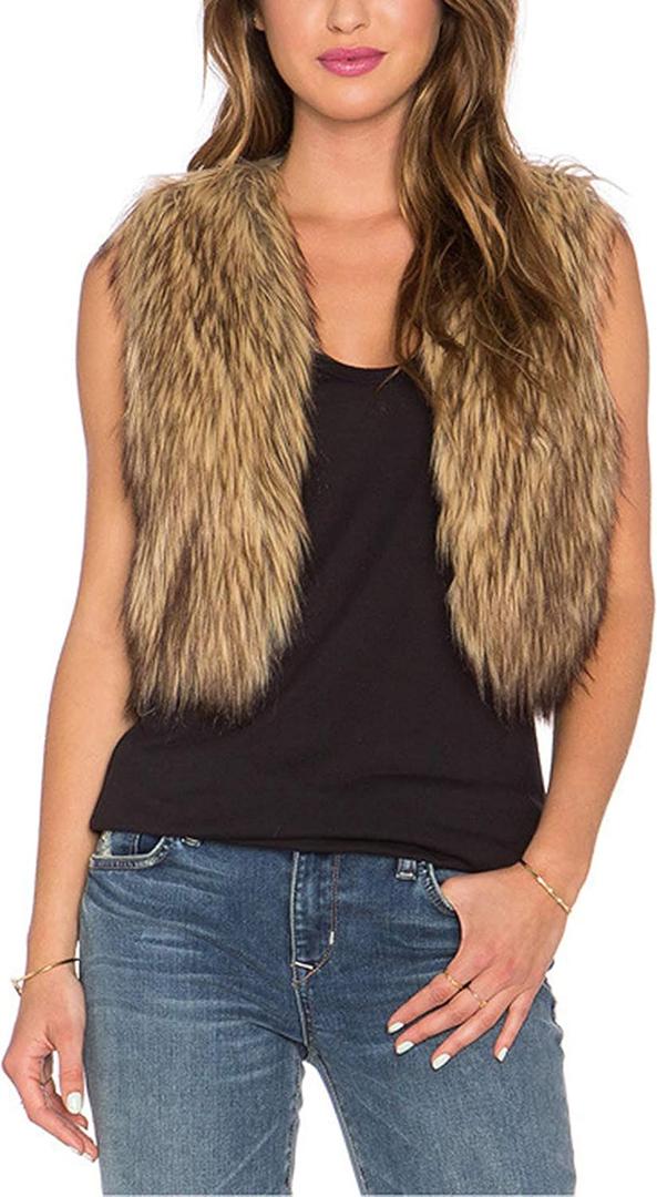 Tanming Women's Sleeveless Open Front Fluffy Short Faux Fur Vests Waistcoats (Medium, Brown)