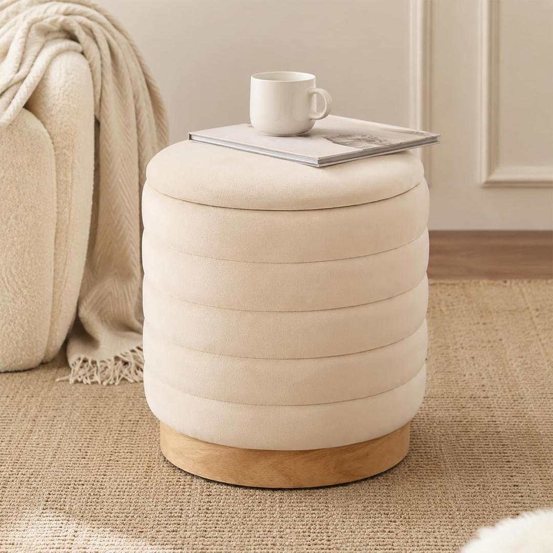 JHY DESIGN Round Ottoman with Storage, 16.5" H Velvet Footstool with Removable Lid & Solid Wood Base – Padded Seat Storage Ottoman for Bedroom, Living Room, Vanity(Cream), 15.5"D x 15.5"W x 16.5"H