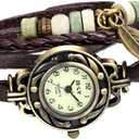 JewelryWe Women Quartz Bracelet Watch Fashion Weave Wrap Around Leather Wrist Watch Classic Bracelet Watch for Summer Beach for Valentine's Day, Leaf-Brown
