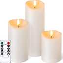 Outdoor Flameless Candles with Remote Timer - Waterproof Realistic Flickering LED Pillar Electric Battery Operated Fake Candle for Holiday Home Wedding Fireplace Decor - Ivory White 3 Pack (468)