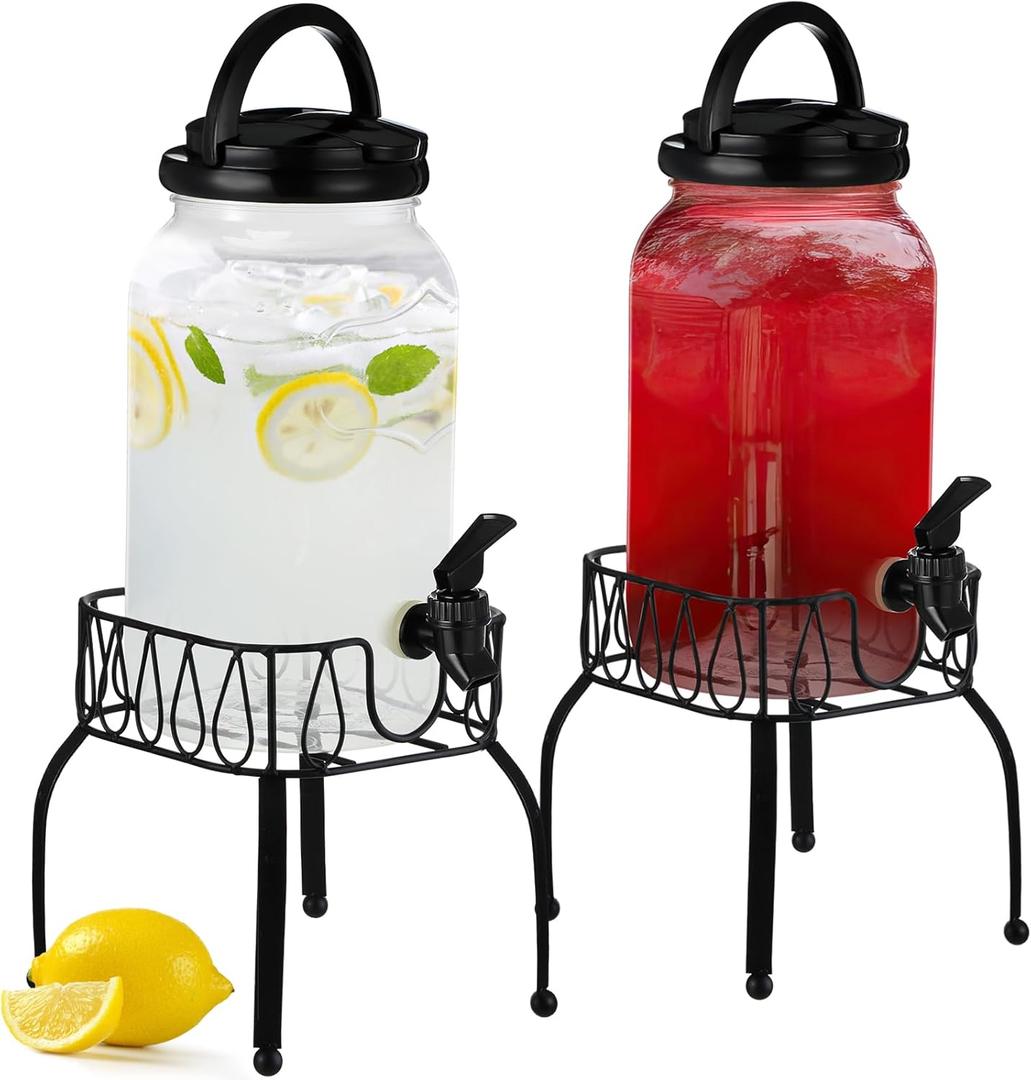 Tanlade 2 Pcs Plastic Drink Dispenser with Stand Beverage Dispenser with Sturdy Metal Base Juice Jar for Parties Lemonade Jar Spigot for Weddings Countertop Water, Each 1 Gallon(Black)