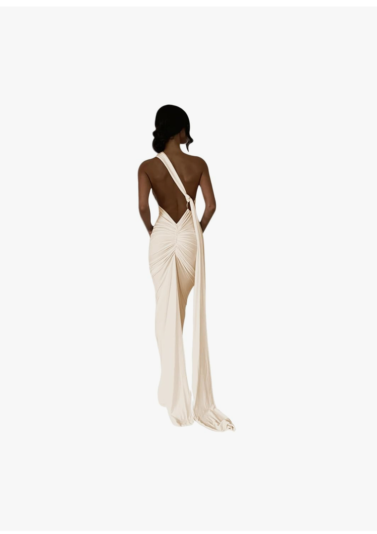 Women's Sexy One Shoulder Backless Maxi Dress Elegant Ruched O Ring Sleeveless Evening Dress Long Gown Cocktail Dress Size S