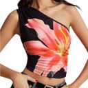 MakeMeChic Women's Floral Print One Shoulder Sleeveless Summer Tee Shirt Crop Tops (S)