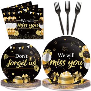 96pcs We Will Miss You Party Paper Plates Napkins Farewell Party Decoration Going Away Party Disposable Dinner Tableware Gold Black Goodbye Party Supplies Graduation Leaving Retirement Party 24 Guests