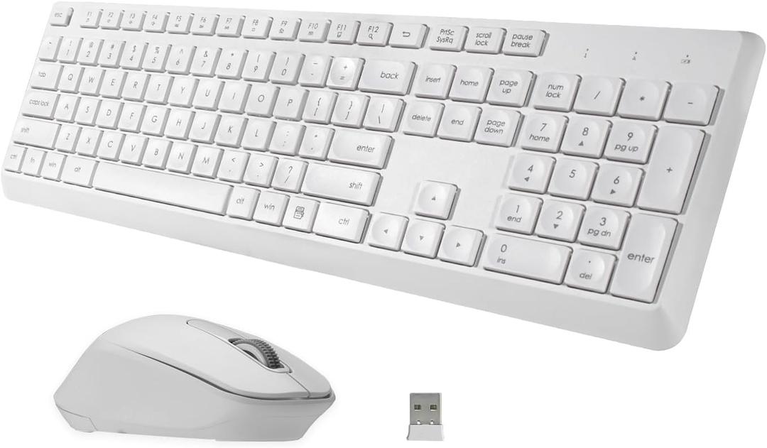 HUO JI Silent Wireless Keyboard and Mouse Combo, 2.4G Full-Size Thin Computer Keyboard Set, Quiet and Soft Ergonomic Wireless Keyboard Mouse for Windows, Laptop/PC/PS/Mac Desktop, White