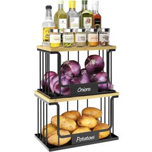2 Set Potato and Onion Storage Bin with Metal Base, Stackable Produce Basket with Bamboo Top & Tag, Pantry Organizers and Storage for Kitchen Countertop Cabinet Organization (Black, L+XL)
