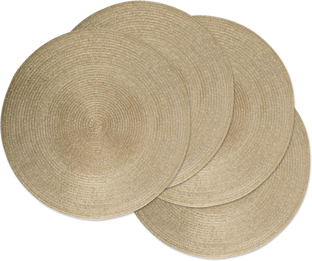 DII Woven Placemats Collection Metallic Round Placemat Set, 15", Champagne, 4 Piece
