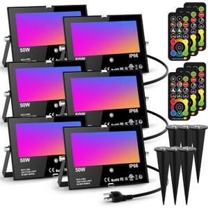 LED Flood Light Outdoor 500W Equivalent Color Changing Landscape Lighting, Timing+120 Colors Strobe+2700K Warm White+DIY Flash,IP66 Waterproof Up Stage RGB Led Light Indoor US 3Plug 6Pack with Stake