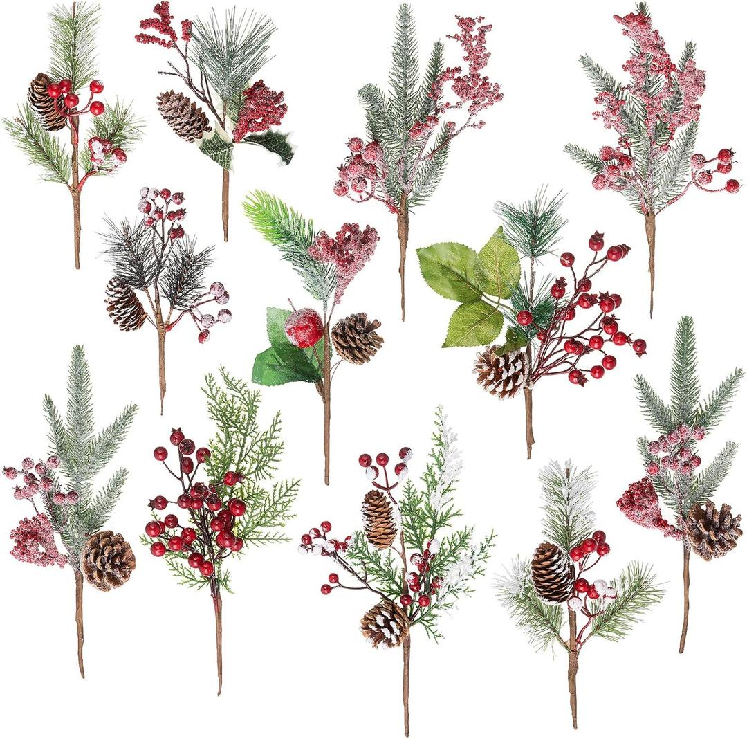 Crafare12-16 Inch Large Artificial Christmas Tree Picks 12 Styles Assorted Holly Picks Stems with Pinecones Leaves for Xmas Tree Filler Floral Arrangement Winter Holiday Season Dcor