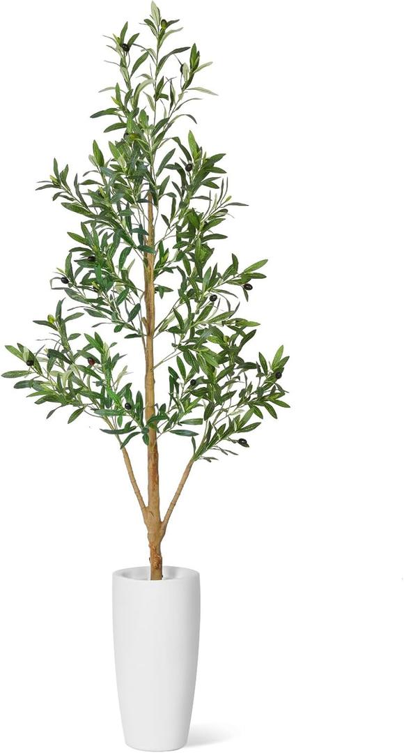 Timoo Faux Olive Tree 6Ft, Indoor Artificial Trees with Natural Wood Trunk and White Planter, Tall Fake Plants for Living Room, Bedroom and Office