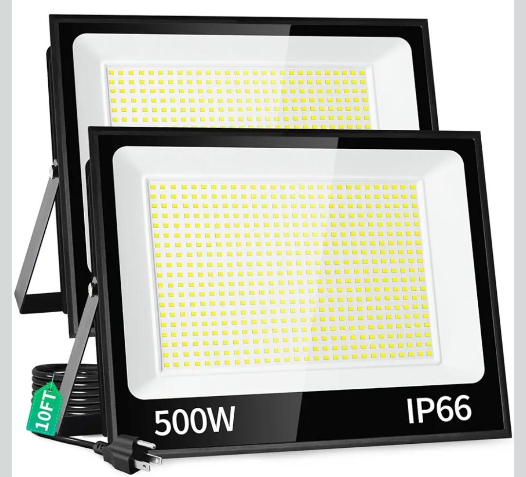 500W LED Flood Light Outdoor with Plug+10ft Cable, 60000LM Ultra Brighter 5000K Exterior Security Light, IP66 Waterproof Commercial Lighting for Sports Fields Counts Arena Stadium(2 Pack)