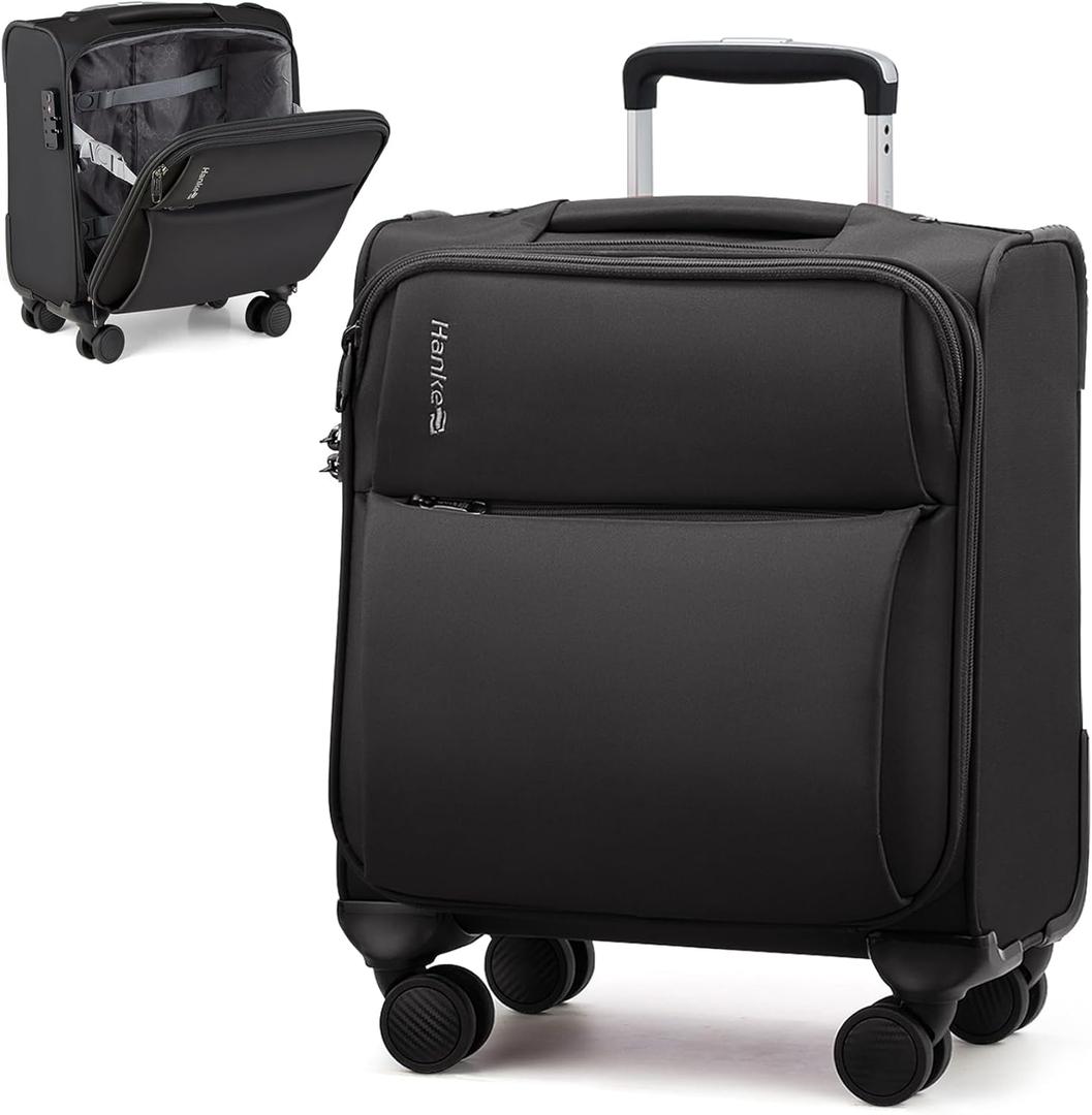 Hanke Underseat Carry On Luggage with Wheels, Spinner Small Suitcase, 16-Inch Rolling Under Seat Luggage, Softside Lightweight Carry On Bag for Airplane TSA Travel Personal Item, Black