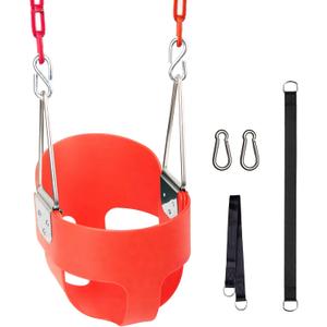 KINSPORY Toddler Swing, 59" Coated Heavy-Duty Iron Chains Baby Swing Outdoor, High Back Full Bucket Infant Swing Seat with Tree Straps for Swing Sets Backyard Outdoor Indoor (Red)