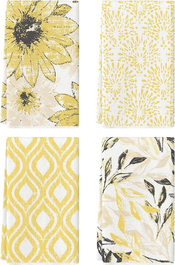 Artoid Mode Yellow Floral Leaves Boho Kitchen Towels Dish Towels, 18x26 Inch Seasonal Decoration Hand Towels Set of 4