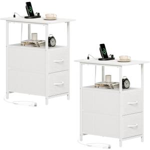 Somdot End Table Set of 2 with Charging Station, 2 Drawers, Slim Side Table, 19.7"D x 11.8"W x 24.4"H
