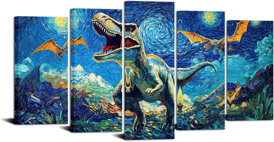 YeiLnm Dinosaur Picture foy Boy Bedroom Van Gogh Dino Artwork Starry Sky Canvas Nursery Kids Decor