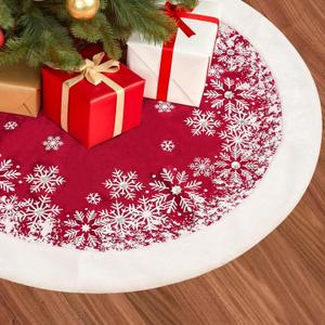 Christmas Tree Skirt, 32 Inch Red Velvet Tree Skirt with Snowflakes Patterns, Indoor Christmas Decorations