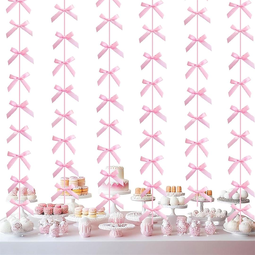 Pink Ribbon Bow Hanging Garland for Baby Shower Pink Bow Party Decorations Girls Bow Birthday Decoration Tying The Knot Bridal Shower Party Room Dcor 6pcs