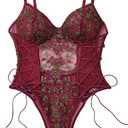 Lilosy Women Sexy Lace Up Floral Embroidered Teddy Lingerie Bodysuit Top Mesh Sheer One Piece (XX-Large, Burgundy)