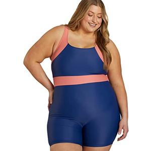 Sporti Plus Size Women Boyleg One Piece Swimsuit - Unitard Bathing Swimsuit - Athletic Water Aerobic Competitive Bathing Suit- Sleeveless Swimming Suit - Colorblock - Navy/Watermelon - 24W