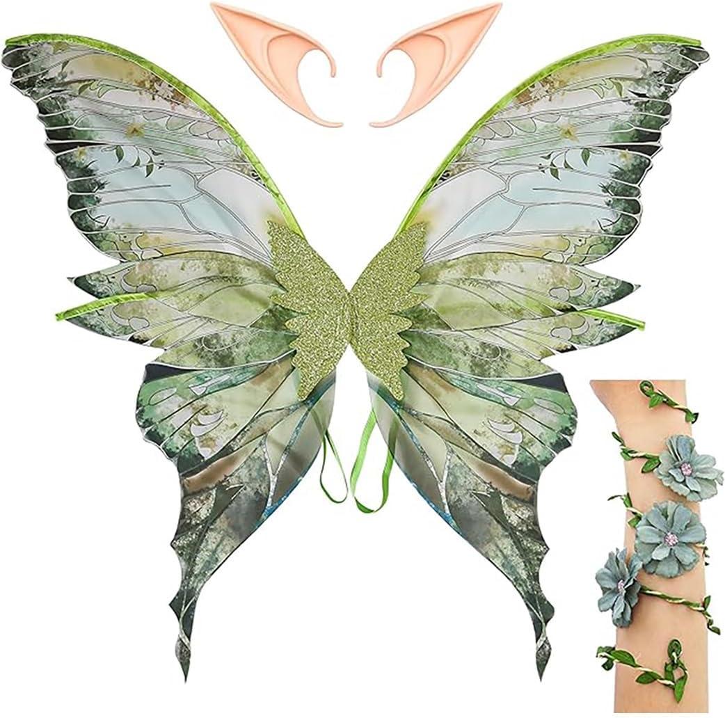 Fairy Wings for Adults, Fairy Costume Set with Elf Ears and Fairy Flower Arm Wrap for Party, Cosplay, 27"x29.5"