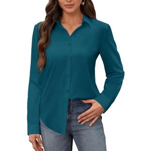 Siliteelon Button Down Shirt for Women Stain Shield Dress Shirts Wrinkle Free Long Sleeve Shirts Solid Work Business Shirts Peacock Blue, Large